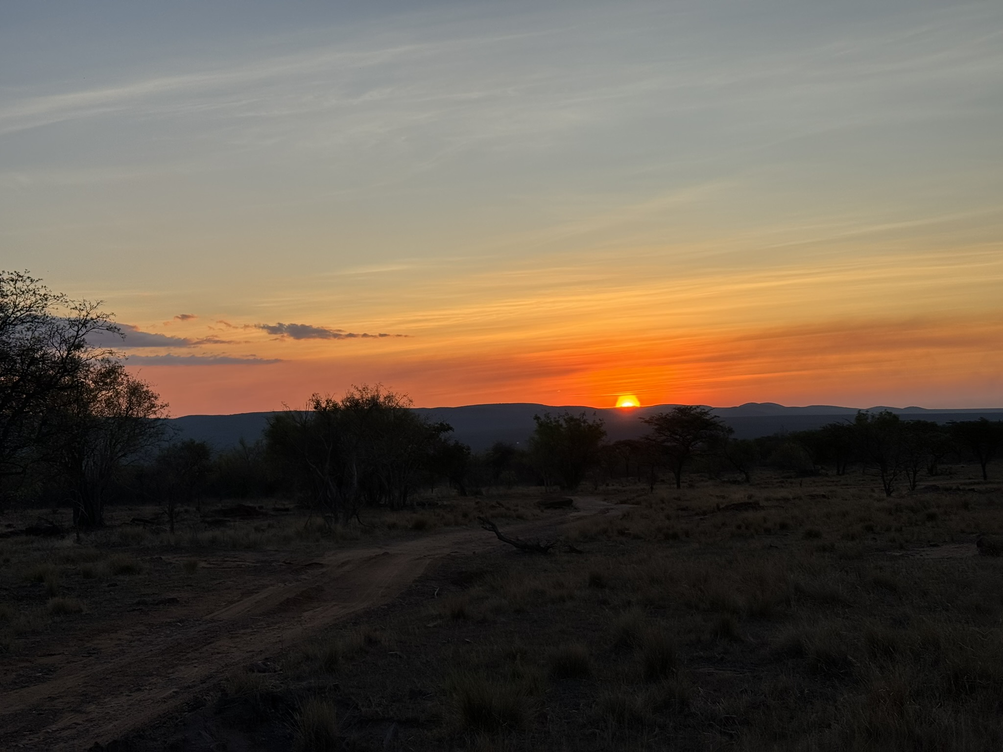 A savanna sunset over distant hills
